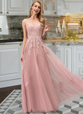 Jamya Ball-Gown/Princess V-neck Floor-Length Tulle Prom Dresses UKP0017262