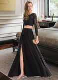 Giselle A-line Scoop Floor-Length Chiffon Lace Prom Dresses UKP0017263