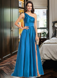 Hailie A-line One Shoulder Sweep Train Satin Prom Dresses UKP0017266