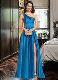 Hailie A-line One Shoulder Sweep Train Satin Prom Dresses UKP0017266