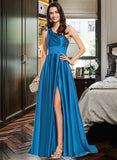 Hailie A-line One Shoulder Sweep Train Satin Prom Dresses UKP0017266