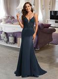 Hedda Trumpet/Mermaid V-neck Sweep Train Satin Lace Prom Dresses With Sequins UKP0017267