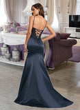 Hedda Trumpet/Mermaid V-neck Sweep Train Satin Lace Prom Dresses With Sequins UKP0017267