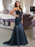 Hedda Trumpet/Mermaid V-neck Sweep Train Satin Lace Prom Dresses With Sequins UKP0017267