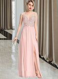 Hadassah A-line V-Neck Floor-Length Chiffon Prom Dresses With Beading Sequins UKP0017271