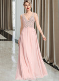 Hadassah A-line V-Neck Floor-Length Chiffon Prom Dresses With Beading Sequins UKP0017271