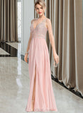 Hadassah A-line V-Neck Floor-Length Chiffon Prom Dresses With Beading Sequins UKP0017271