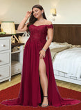 Kaydence A-Line Off-the-Shoulder Sweep Train Chiffon Prom Dresses With Sequins UKP0017272