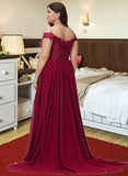 Kaydence A-Line Off-the-Shoulder Sweep Train Chiffon Prom Dresses With Sequins UKP0017272