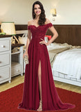 Kaydence A-Line Off-the-Shoulder Sweep Train Chiffon Prom Dresses With Sequins UKP0017272