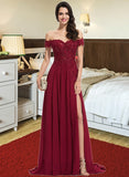 Kaydence A-Line Off-the-Shoulder Sweep Train Chiffon Prom Dresses With Sequins UKP0017272