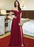 Kaydence A-Line Off-the-Shoulder Sweep Train Chiffon Prom Dresses With Sequins UKP0017272