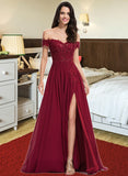 Kaydence A-Line Off-the-Shoulder Sweep Train Chiffon Prom Dresses With Sequins UKP0017272