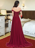 Kaydence A-Line Off-the-Shoulder Sweep Train Chiffon Prom Dresses With Sequins UKP0017272