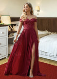 Kaydence A-Line Off-the-Shoulder Sweep Train Chiffon Prom Dresses With Sequins UKP0017272