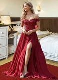 Kaydence A-Line Off-the-Shoulder Sweep Train Chiffon Prom Dresses With Sequins UKP0017272