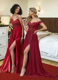 Kaydence A-Line Off-the-Shoulder Sweep Train Chiffon Prom Dresses With Sequins UKP0017272