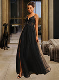 Azul Ball-Gown/Princess V-neck Floor-Length Tulle Lace Prom Dresses With Sequins UKP0017273