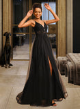 Azul Ball-Gown/Princess V-neck Floor-Length Tulle Lace Prom Dresses With Sequins UKP0017273