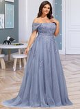 India Ball-Gown/Princess Off-the-Shoulder Sweep Train Tulle Lace Prom Dresses With Sequins UKP0017275