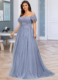 India Ball-Gown/Princess Off-the-Shoulder Sweep Train Tulle Lace Prom Dresses With Sequins UKP0017275