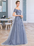 India Ball-Gown/Princess Off-the-Shoulder Sweep Train Tulle Lace Prom Dresses With Sequins UKP0017275