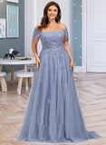 India Ball-Gown/Princess Off-the-Shoulder Sweep Train Tulle Lace Prom Dresses With Sequins UKP0017275