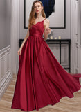 Perla A-Line V-neck Floor-Length Satin Prom Dresses With Ruffle UKP0017276