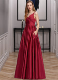 Perla A-Line V-neck Floor-Length Satin Prom Dresses With Ruffle UKP0017276