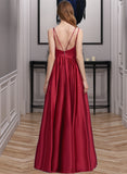 Perla A-Line V-neck Floor-Length Satin Prom Dresses With Ruffle UKP0017276