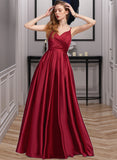 Perla A-Line V-neck Floor-Length Satin Prom Dresses With Ruffle UKP0017276