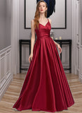 Perla A-Line V-neck Floor-Length Satin Prom Dresses With Ruffle UKP0017276