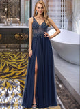 Campbell A-Line V-neck Floor-Length Tulle Prom Dresses With Beading Sequins UKP0017277