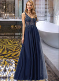 Campbell A-Line V-neck Floor-Length Tulle Prom Dresses With Beading Sequins UKP0017277