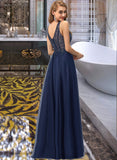 Campbell A-Line V-neck Floor-Length Tulle Prom Dresses With Beading Sequins UKP0017277