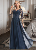 Ayana A-Line V-neck Floor-Length Chiffon Lace Prom Dresses With Sequins UKP0017278