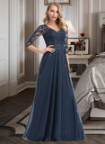 Ayana A-Line V-neck Floor-Length Chiffon Lace Prom Dresses With Sequins UKP0017278