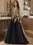 Selena Ball-Gown/Princess V-neck Sweep Train Lace Prom Dresses With Sequins UKP0017280