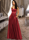 Isabell A-Line V-neck Floor-Length Satin Prom Dresses UKP0017281