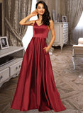 Isabell A-Line V-neck Floor-Length Satin Prom Dresses UKP0017281