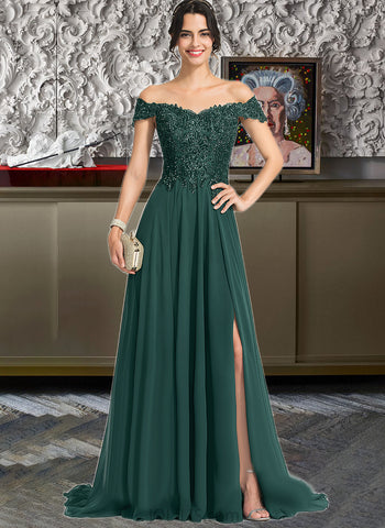 Emilie A-line Off the Shoulder Sweep Train Chiffon Lace Prom Dresses With Sequins UKP0017283