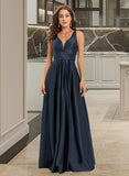 Arianna A-Line V-neck Floor-Length Prom Dresses With Pleated UKP0017285