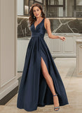 Arianna A-Line V-neck Floor-Length Prom Dresses With Pleated UKP0017285