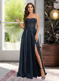 Jasmin A-Line Sweetheart Sweep Train Satin Lace Prom Dresses UKP0017286