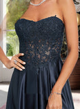 Jasmin A-Line Sweetheart Sweep Train Satin Lace Prom Dresses UKP0017286