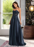 Jasmin A-Line Sweetheart Sweep Train Satin Lace Prom Dresses UKP0017286