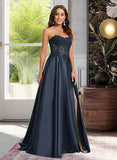 Jasmin A-Line Sweetheart Sweep Train Satin Lace Prom Dresses UKP0017286