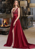 Gabrielle Ball-Gown/Princess V-neck Sweep Train Satin Lace Prom Dresses With Sequins UKP0017289