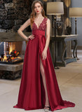 Gabrielle Ball-Gown/Princess V-neck Sweep Train Satin Lace Prom Dresses With Sequins UKP0017289