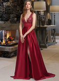 Gabrielle Ball-Gown/Princess V-neck Sweep Train Satin Lace Prom Dresses With Sequins UKP0017289